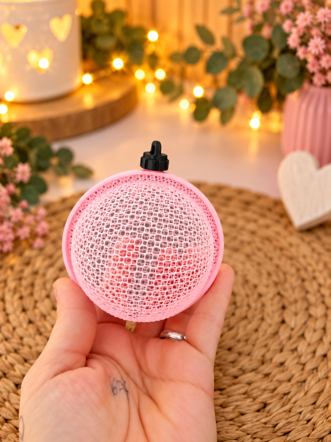 auf der Hand vor Lichterkette: Rosa Weihnachtskugel zum Befüllen mit schwarzem Aufhänger und feiner Gitterstruktur auf einer Hand.
