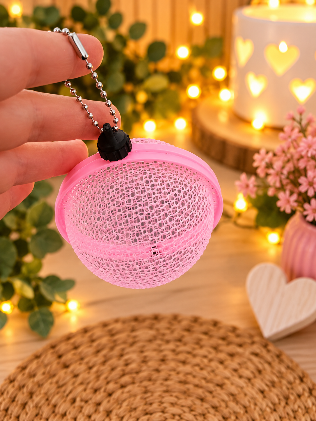 eer an der Kugelkette: Leere rosa Weihnachtskugel mit Gitterstruktur, schwarzem Aufhänger und silberner Kugelkette vor weihnachtlicher Dekoration.
