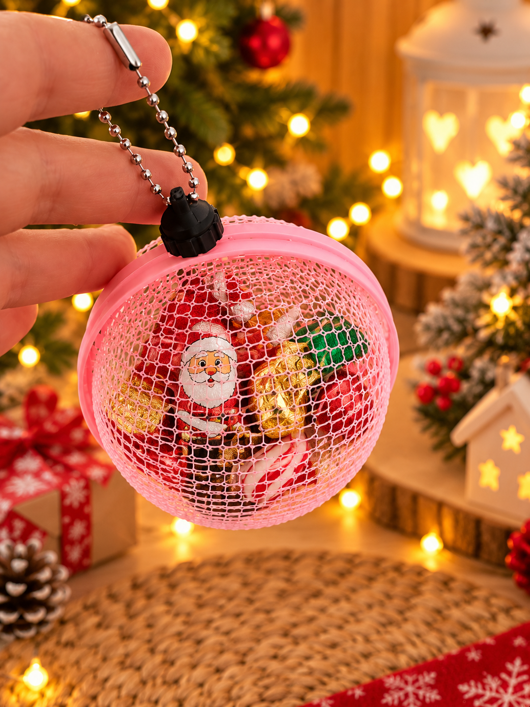 mit Süßigkeiten: Rosa Weihnachtskugel mit filigraner Gitterstruktur und silberner Kugelkette, gefüllt mit verpackten Weihnachtssüßigkeiten.