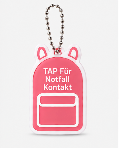 Rosa NFC-Notfallkontakt-Anhänger für Kinder mit Kugelkette und Aufschrift „TAP Für Notfall Kontakt“