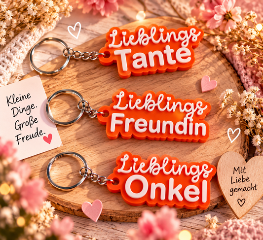 Drei orangefarbene Lieblings-Schlüsselanhänger mit den Aufschriften Tante, Freundin und Onkel auf einer Holzdekoration
