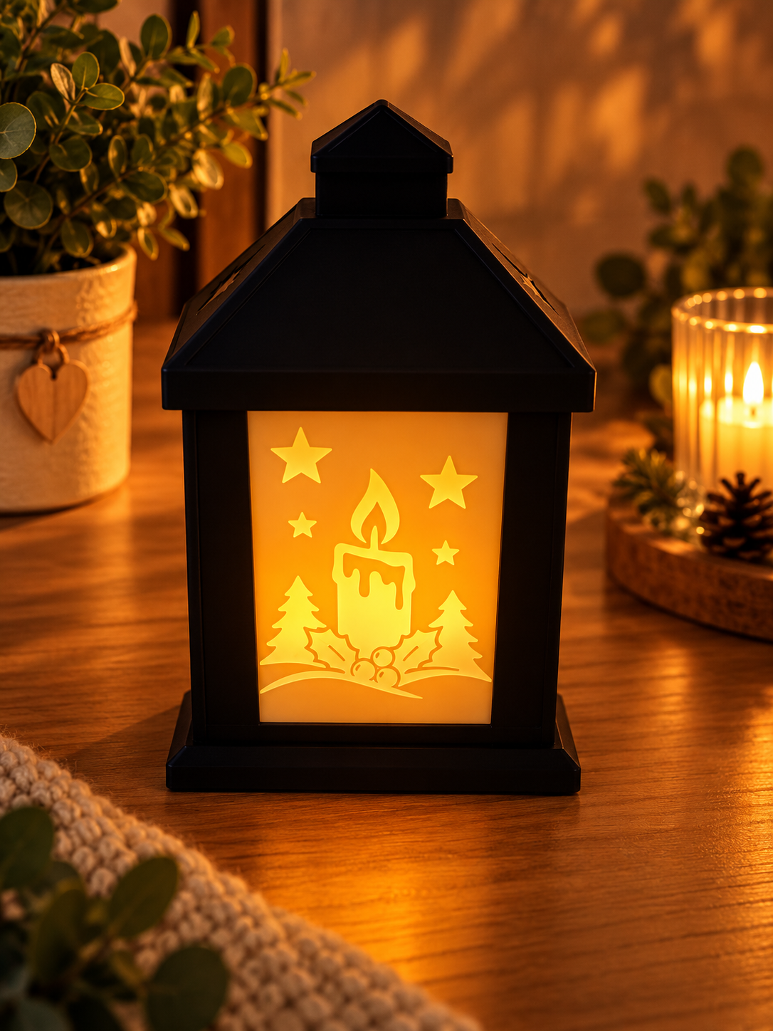 Schwarze LED-Laterne mit warm beleuchtetem Kerzenmotiv, umgeben von Sternen, Tannenbäumen und Stechpalmenblättern.