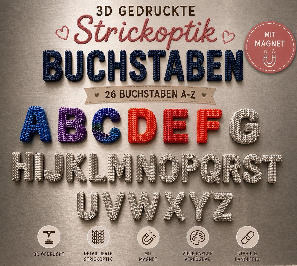 Übersicht der 3D-gedruckten Buchstaben-Magnete in Strickoptik, Buchstaben A bis Z in verschiedenen Farben