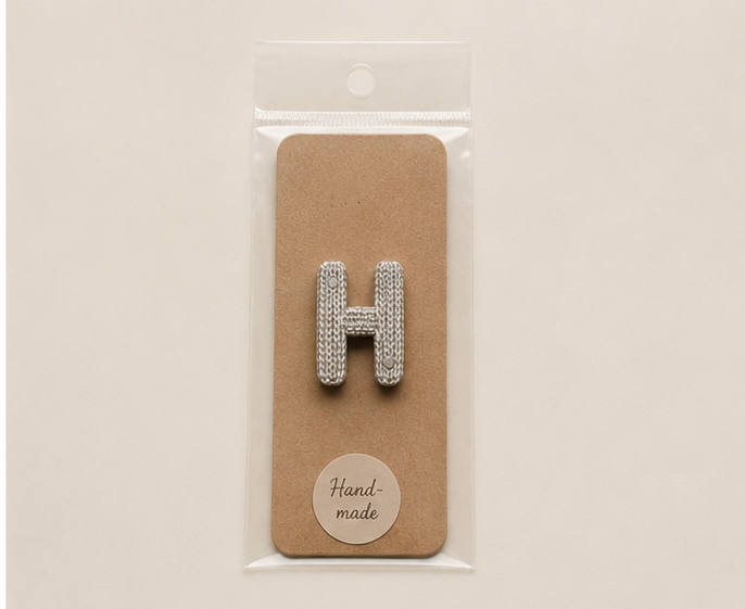 Buchstaben-Magnet H in Strickoptik auf einer Kraftpapierkarte in transparenter Verpackung