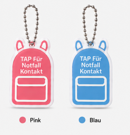 NFC-Notfallkontakt-Anhänger in den Farben Pink und Blau mit Kugelkette