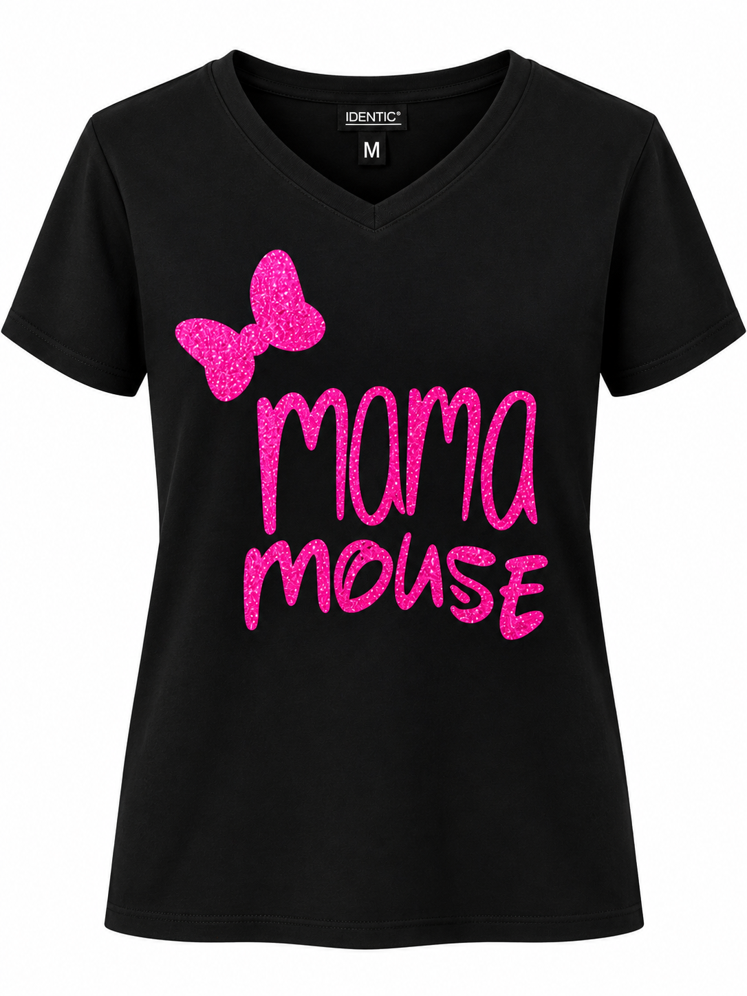 Schwarzes Damen-T-Shirt mit V-Ausschnitt, pink glitzerndem „mama mouse“-Schriftzug und Schleifenmotiv.