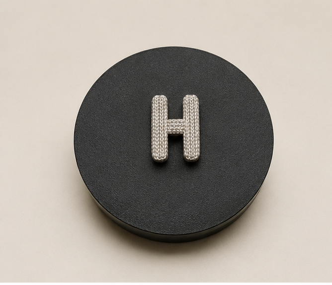 Silberfarbener 3D-gedruckter Buchstaben-Magnet H in Strickoptik auf schwarzer runder Oberfläche