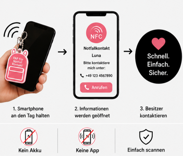 NFC-Notfallkontakt-Anhänger am Smartphone: Antippen öffnet die Kontaktdaten, die Bezugsperson kann ohne App und Akku angerufen werden
