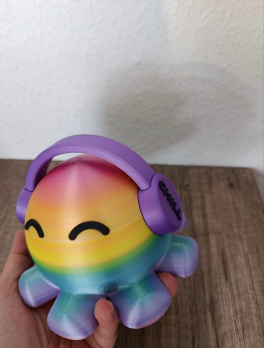 Regenbogen Oktopus mit Kopfhörern | Dekofigur | Handgefertigt | In verschiedenen Farben