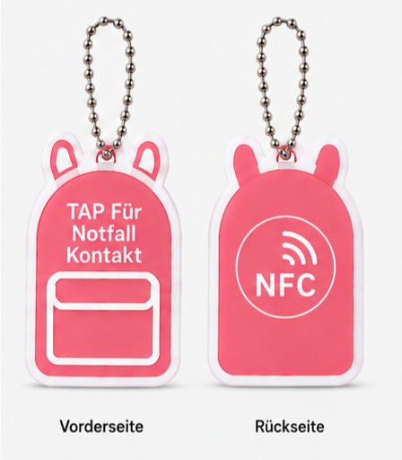 Vorder- und Rückseite des pinken NFC-Notfallkontakt-Anhängers mit Kugelkette