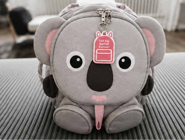 Rosa NFC-Notfallkontakt-Anhänger am Reißverschluss eines Koala-Kinderrucksacks