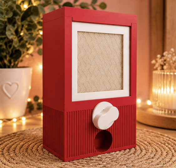 Roter Kapselautomat mit weißem Drehknopf, schräg von vorne fotografiert